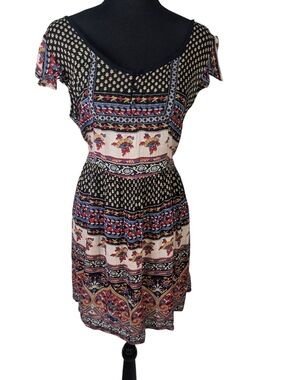Band of Gypsies Black, Cream & Red Boho Mini Dress Size M Side Pockets